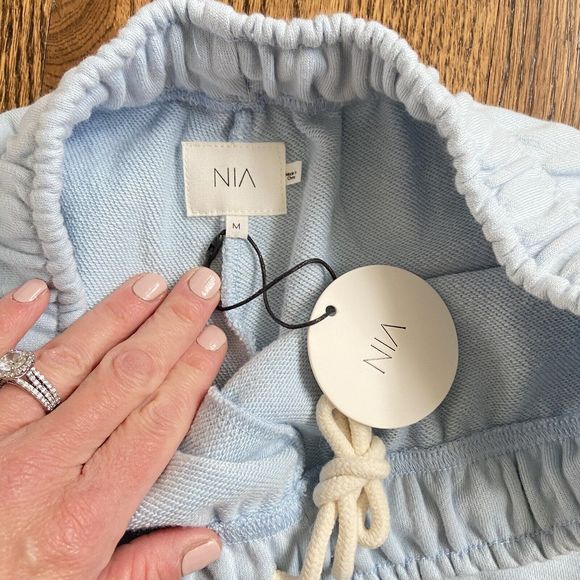 NWT NIA Mid Rise Terry Fleece Shorts Women Medium Sky Blue Elastic Drawstring - Picture 5 of 10